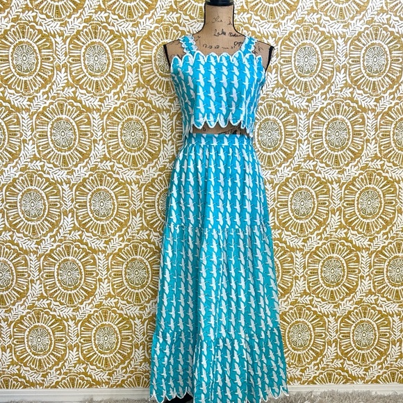Victoria Dunn Lupine Scalloped Cotton Crane Print Top Skirt Set Sz XS RARE - Picture 6 of 15